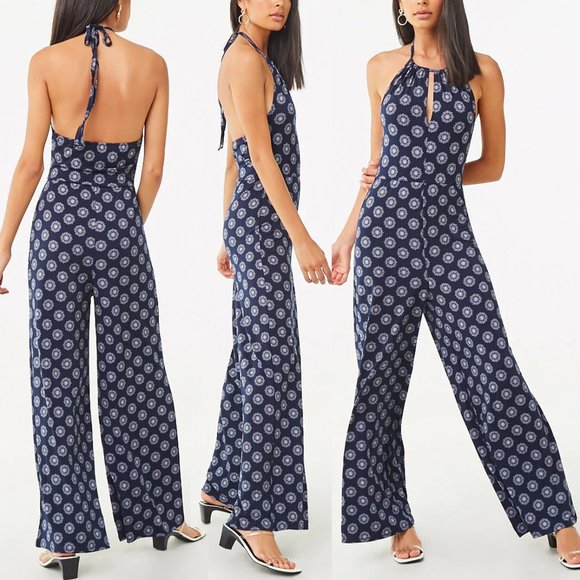 NEW Navy Blue Medallion Halter Palazzo Jumpsuit - Picture 2 of 8